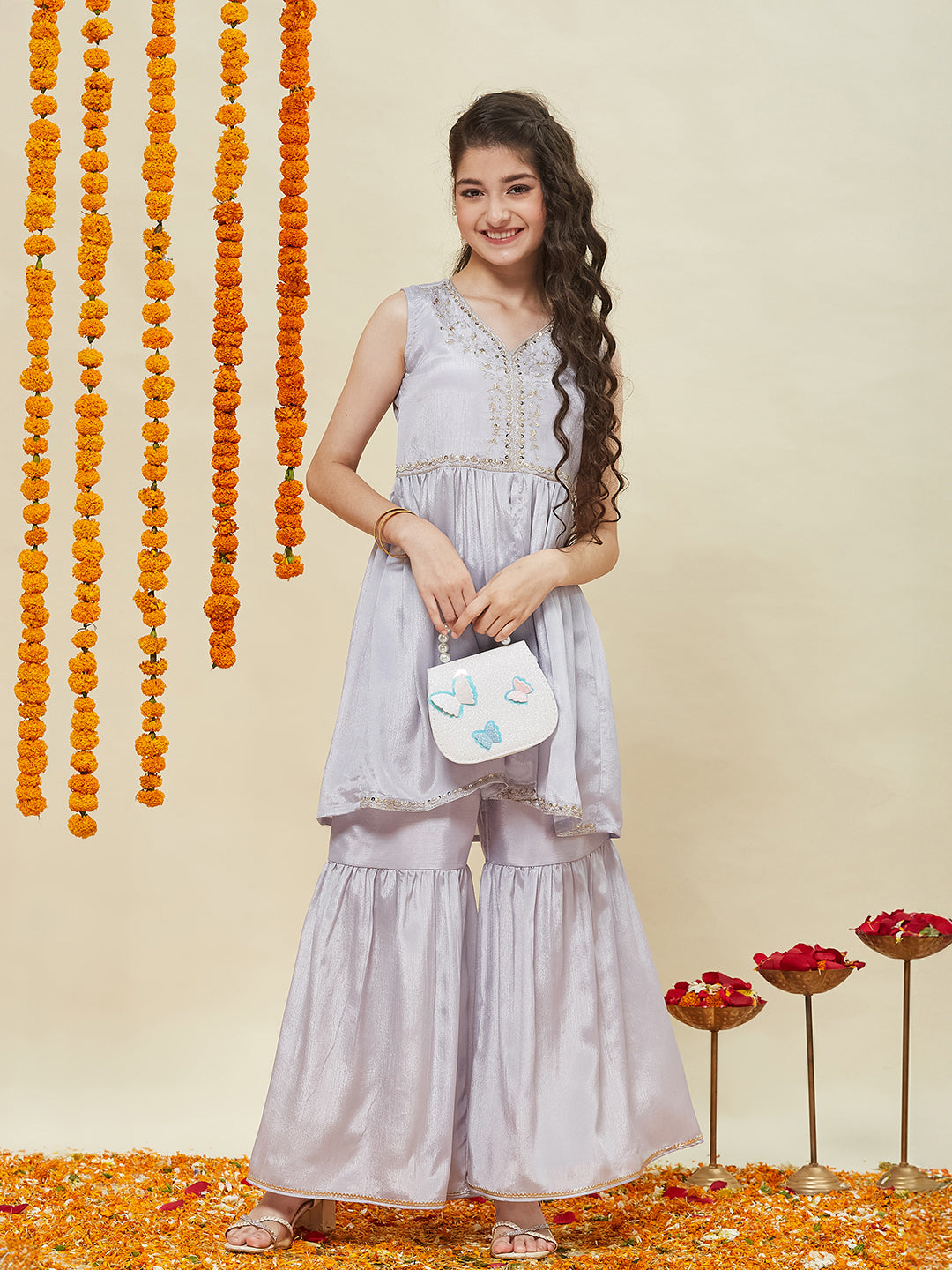 Silver Embroidered Poly Chinon Kurta & Sharara for girls