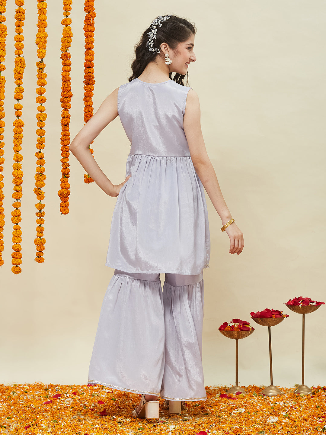 Silver Embroidered Poly Chinon Kurta & Sharara for girls