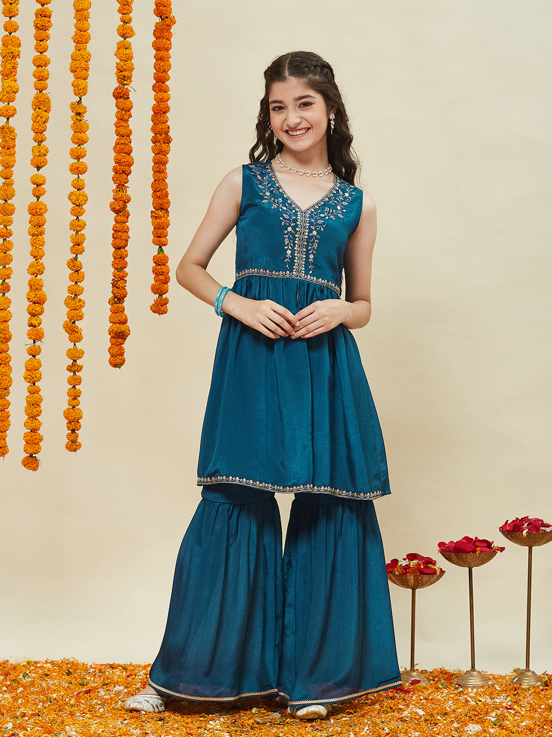 Teal blue Embroidered Poly Chinon Kurta & Sharara for girls