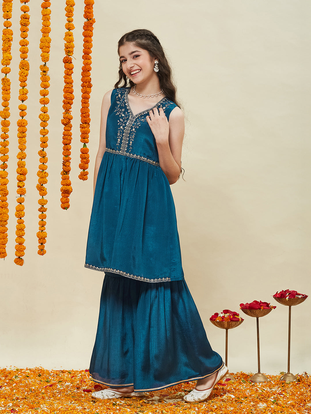 Teal blue Embroidered Poly Chinon Kurta & Sharara for girls