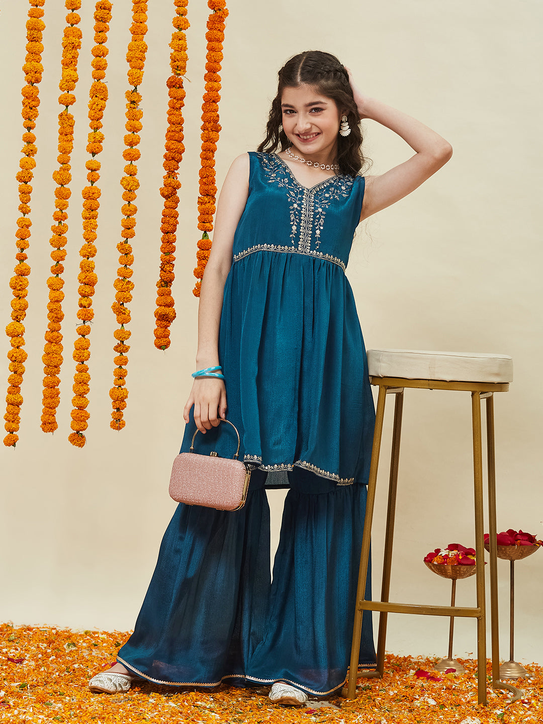 Teal blue Embroidered Poly Chinon Kurta & Sharara for girls