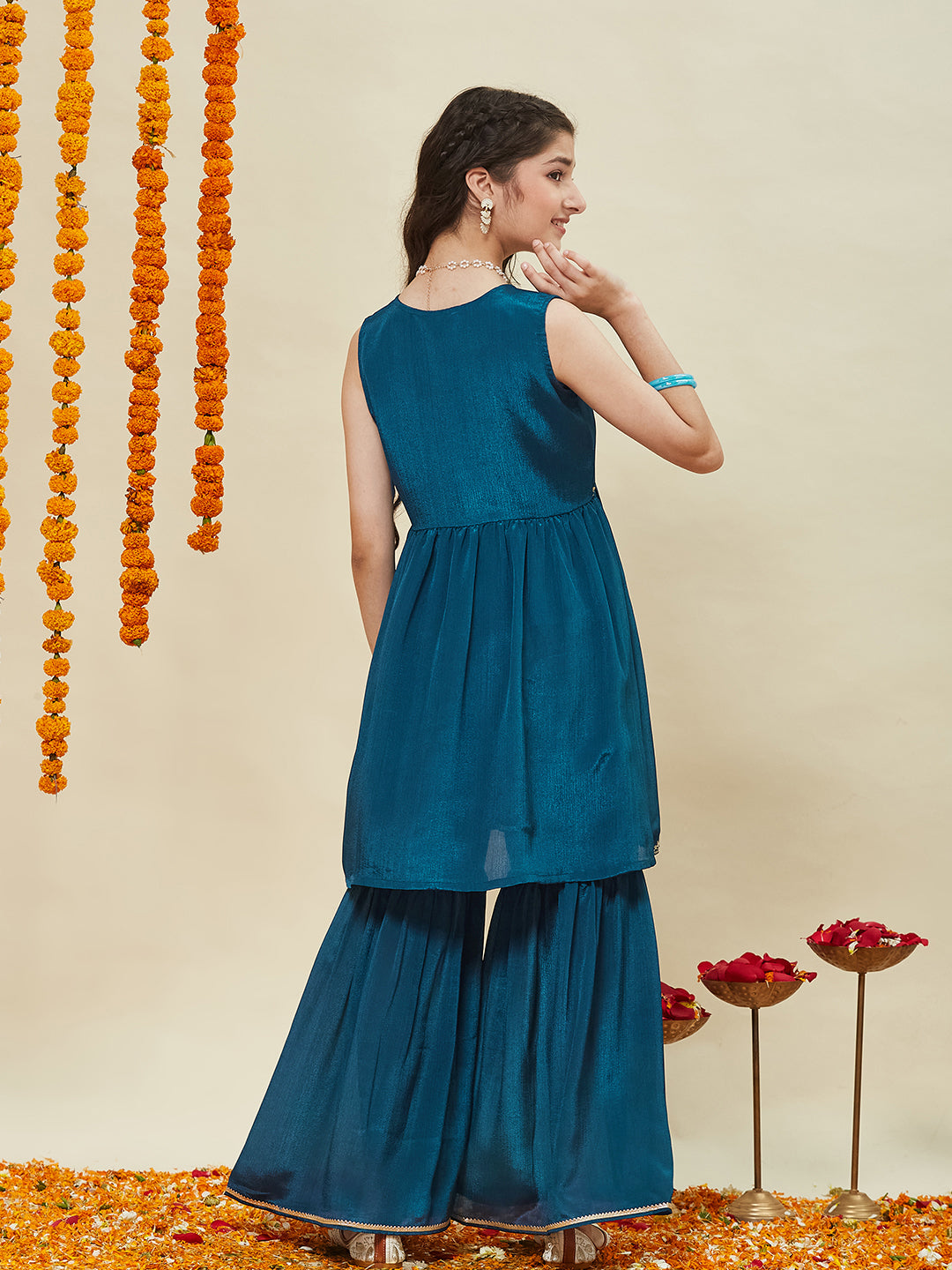 Teal blue Embroidered Poly Chinon Kurta & Sharara for girls