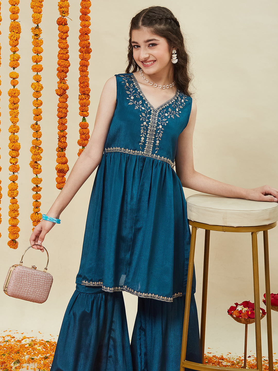 Teal blue Embroidered Poly Chinon Kurta & Sharara for girls