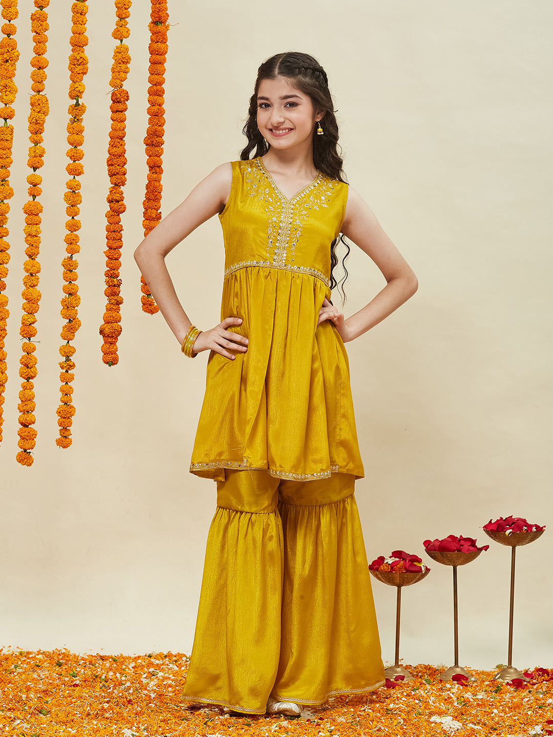 Mustard Embroidered Poly Chinon Kurta & Sharara for girls