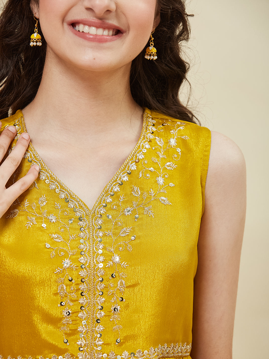 Mustard Embroidered Poly Chinon Kurta & Sharara for girls