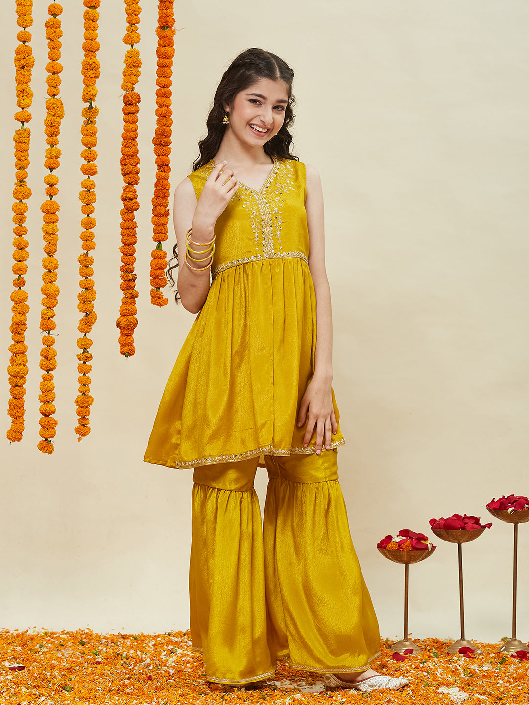Mustard Embroidered Poly Chinon Kurta & Sharara for girls