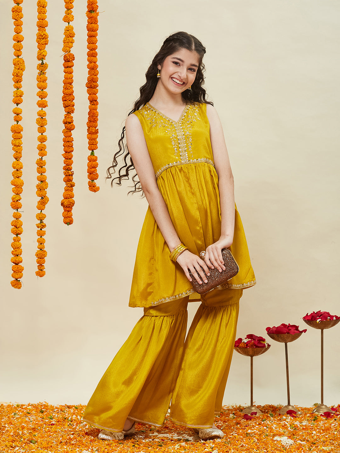 Mustard Embroidered Poly Chinon Kurta & Sharara for girls