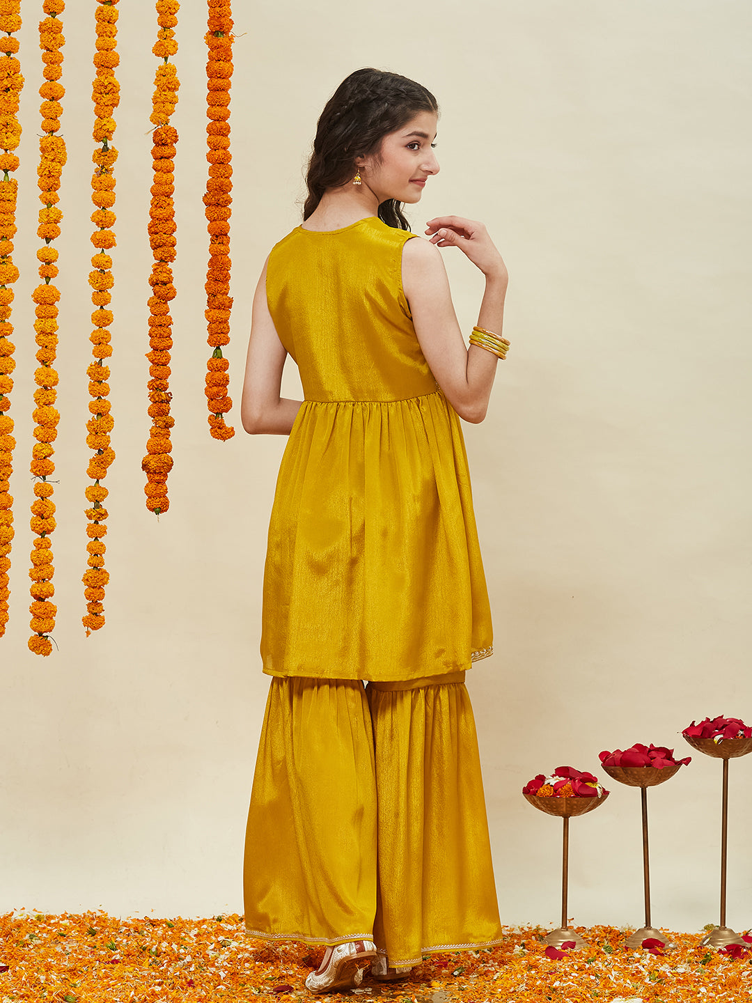 Mustard Embroidered Poly Chinon Kurta & Sharara for girls
