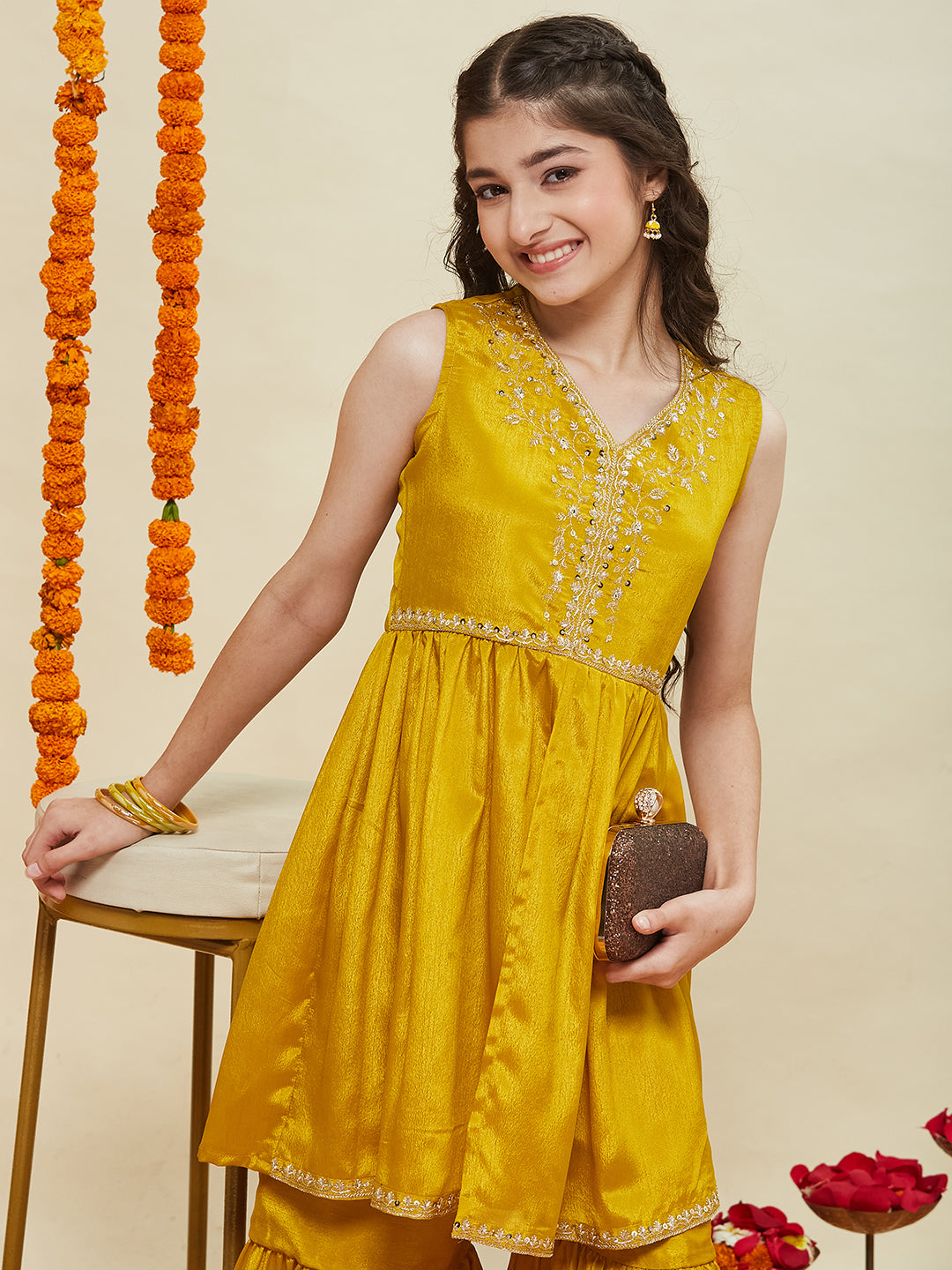 Mustard Embroidered Poly Chinon Kurta & Sharara for girls