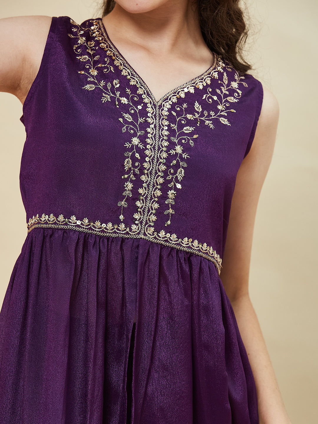 Violet Embroidered Poly Chinon Kurta & Sharara for girls