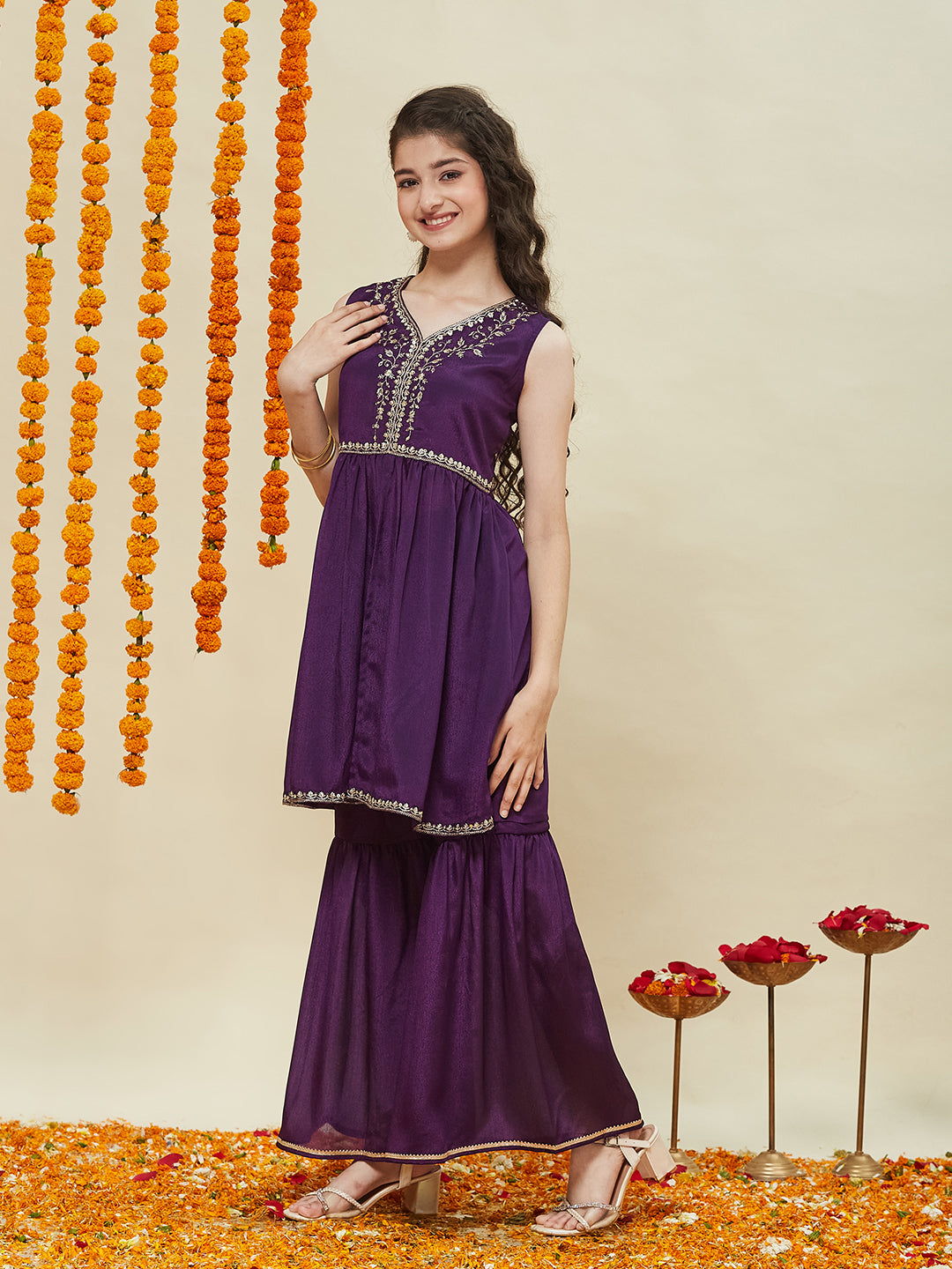 Violet Embroidered Poly Chinon Kurta & Sharara for girls