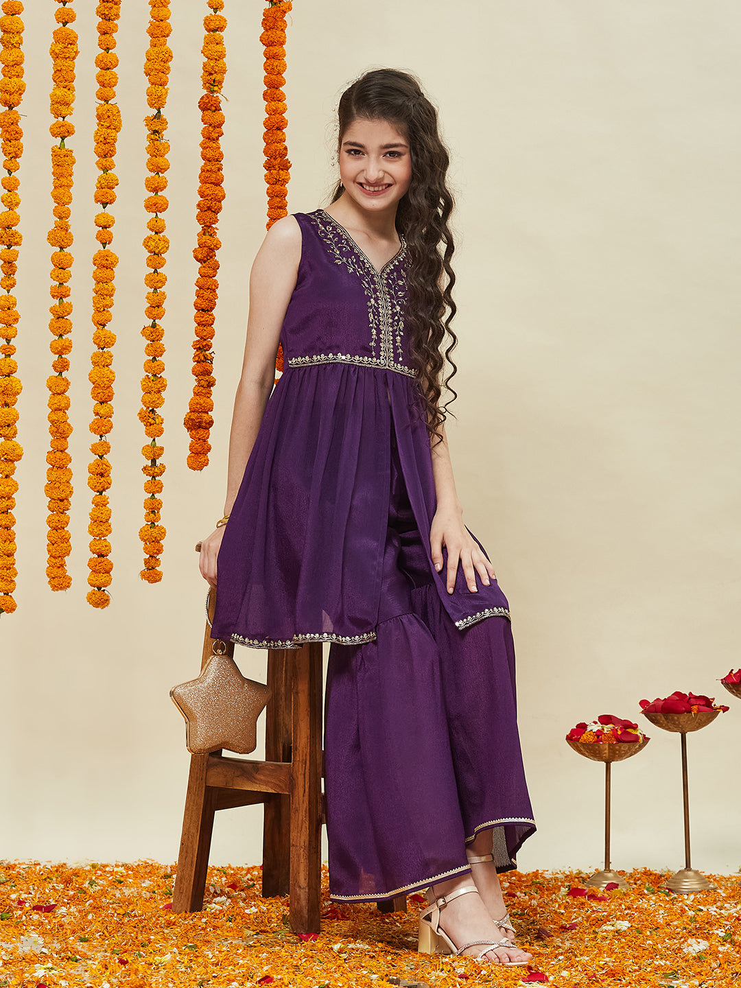 Violet Embroidered Poly Chinon Kurta & Sharara for girls