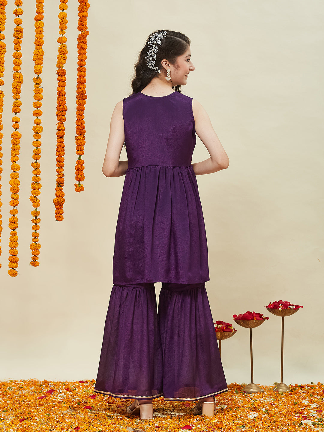 Violet Embroidered Poly Chinon Kurta & Sharara for girls