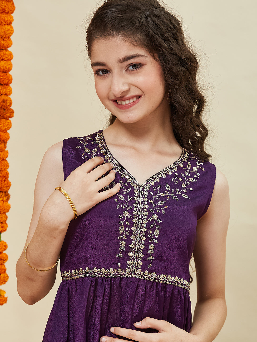 Violet Embroidered Poly Chinon Kurta & Sharara for girls