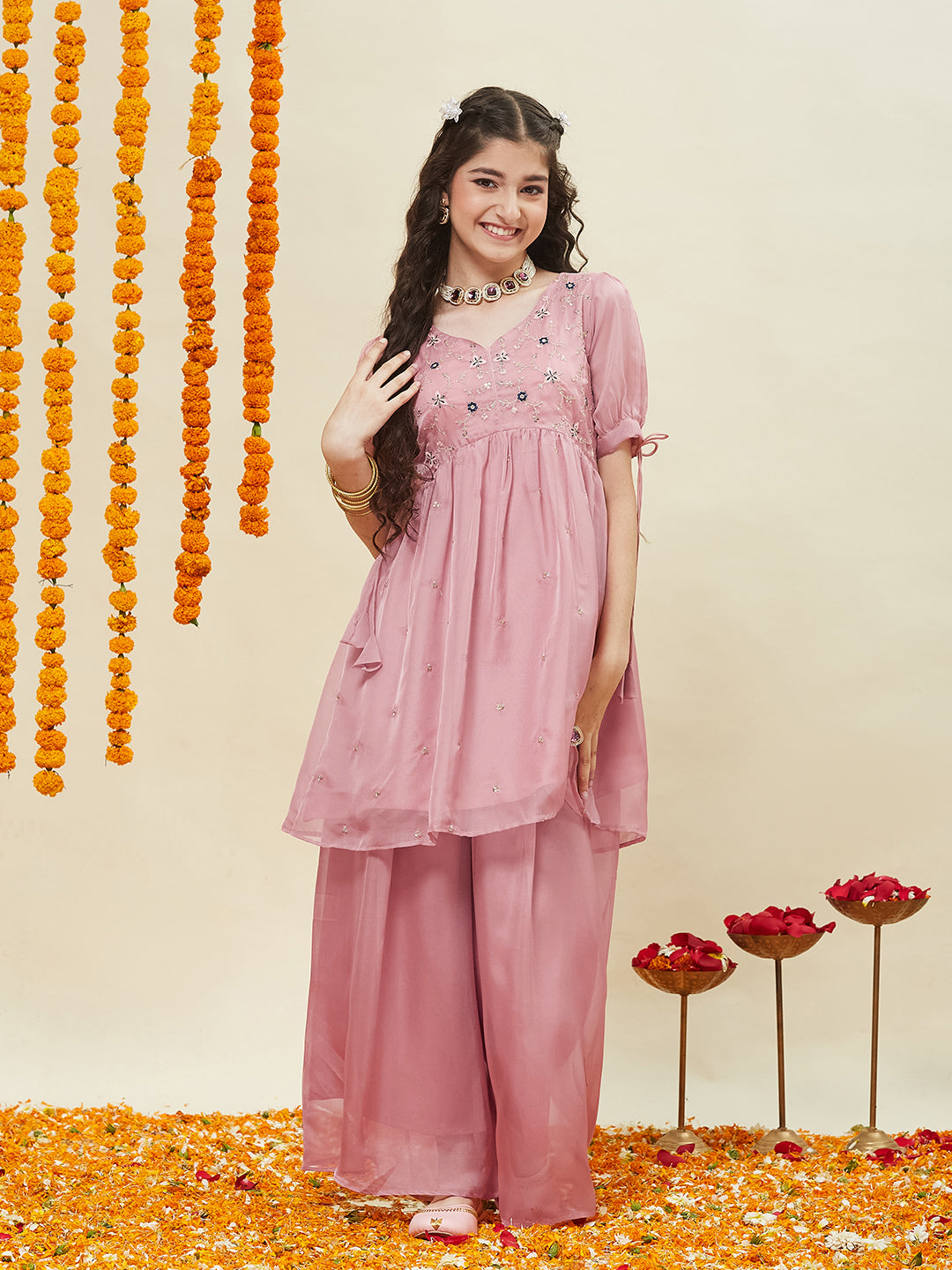 Baby Pink Embroidered Kurti & Sharara Set for Girls