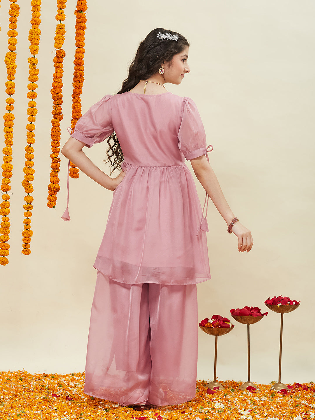 Baby Pink Embroidered Kurti & Sharara Set for Girls