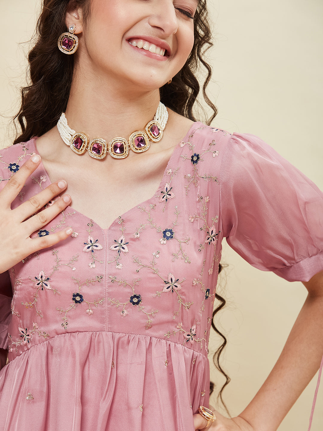 Baby Pink Embroidered Kurti & Sharara Set for Girls