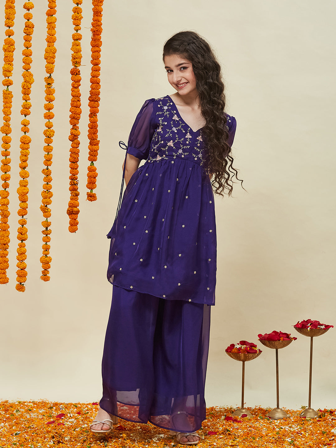Violet Embroidered Kurti & Sharara Set for Girls