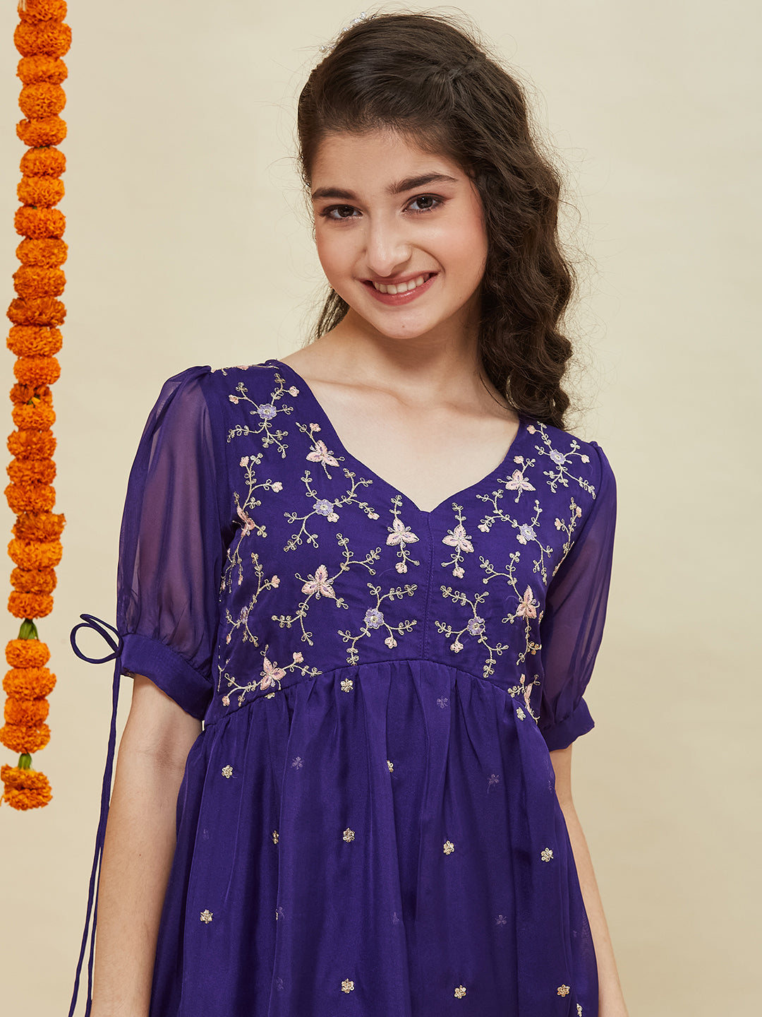 Violet Embroidered Kurti & Sharara Set for Girls