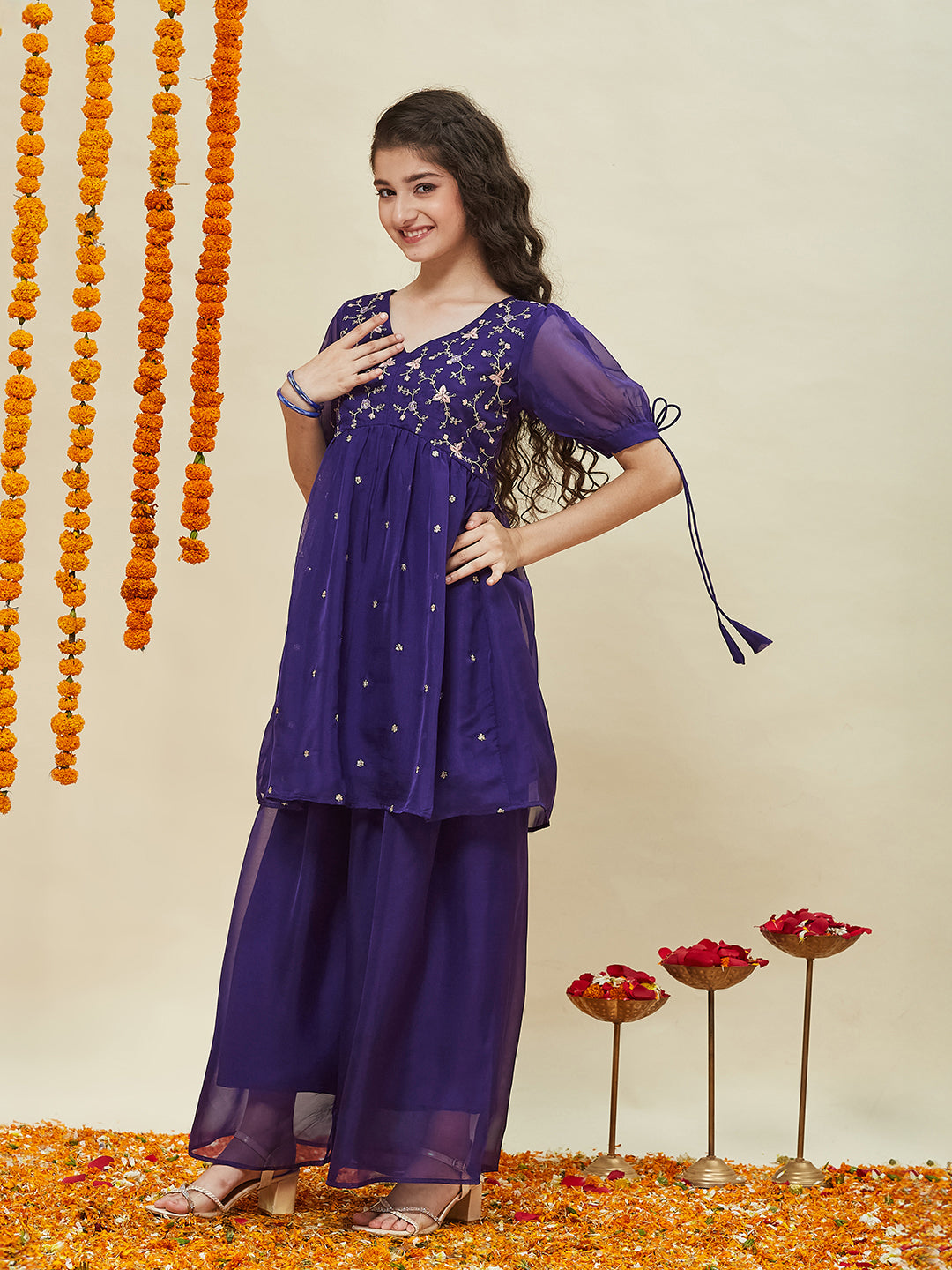 Violet Embroidered Kurti & Sharara Set for Girls
