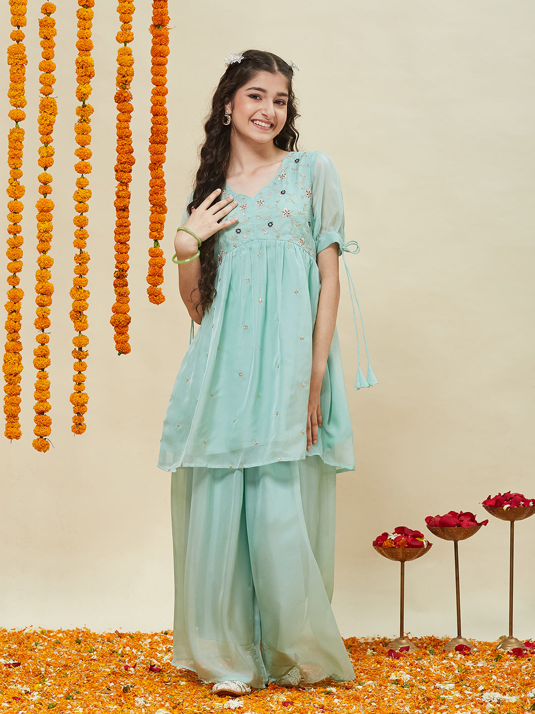 Sky Blue Embroidered Kurti & Sharara Set for Girls