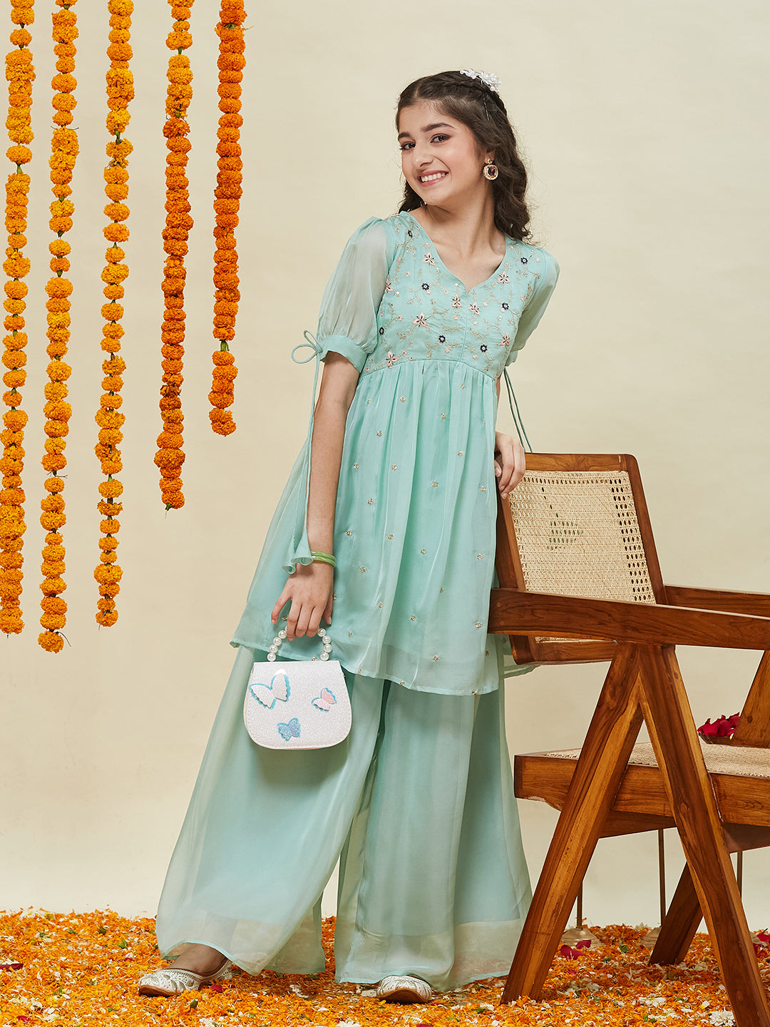 Sky Blue Embroidered Kurti & Sharara Set for Girls