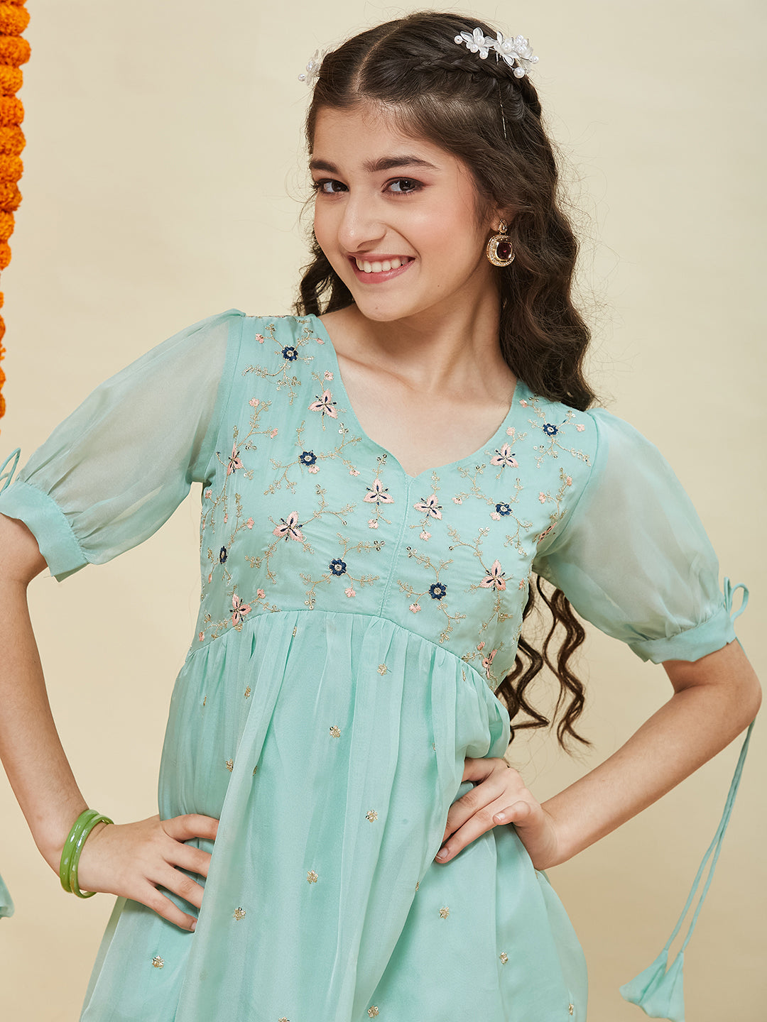 Sky Blue Embroidered Kurti & Sharara Set for Girls