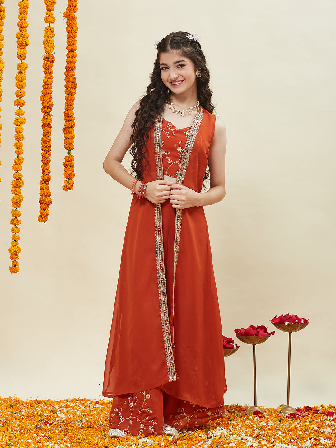 Orange Embroidered Georgette Top, Plazoo Shurg Set for girls