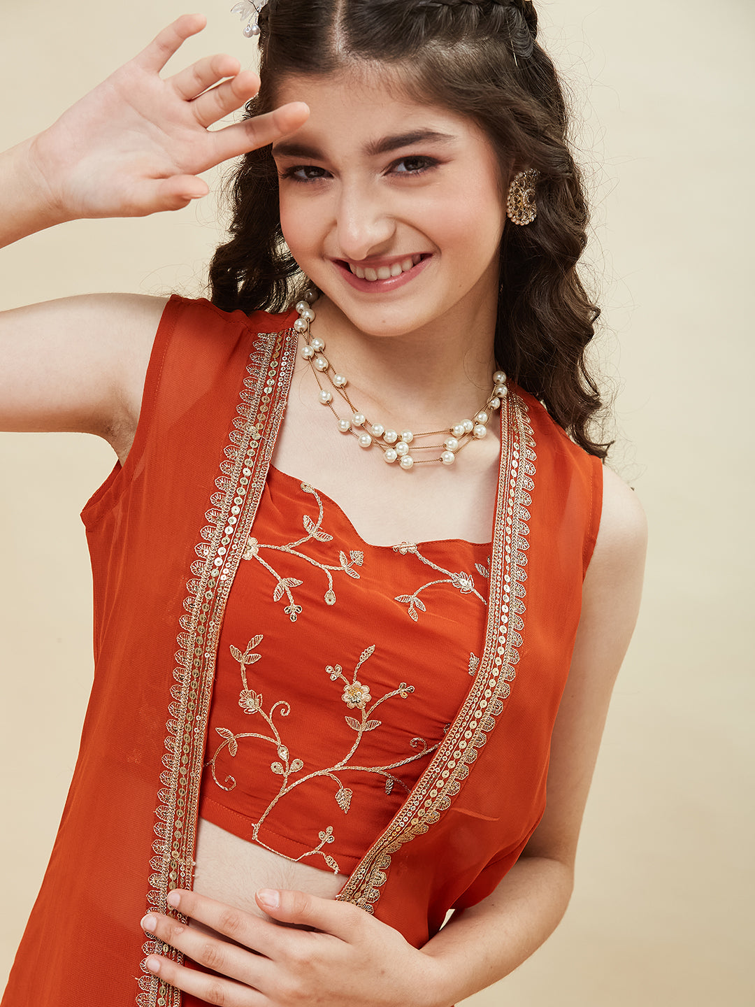 Orange Embroidered Georgette Top, Plazoo Shurg Set for girls