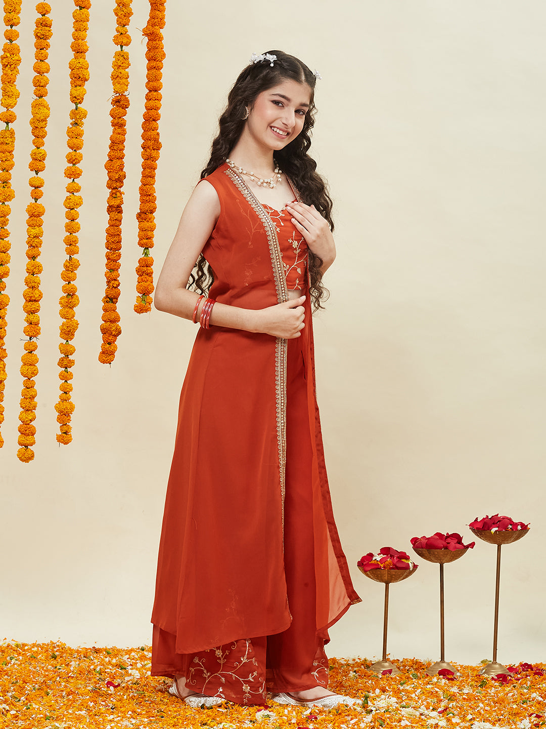 Orange Embroidered Georgette Top, Plazoo Shurg Set for girls