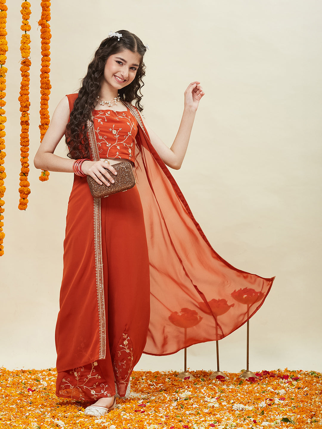 Orange Embroidered Georgette Top, Plazoo Shurg Set for girls