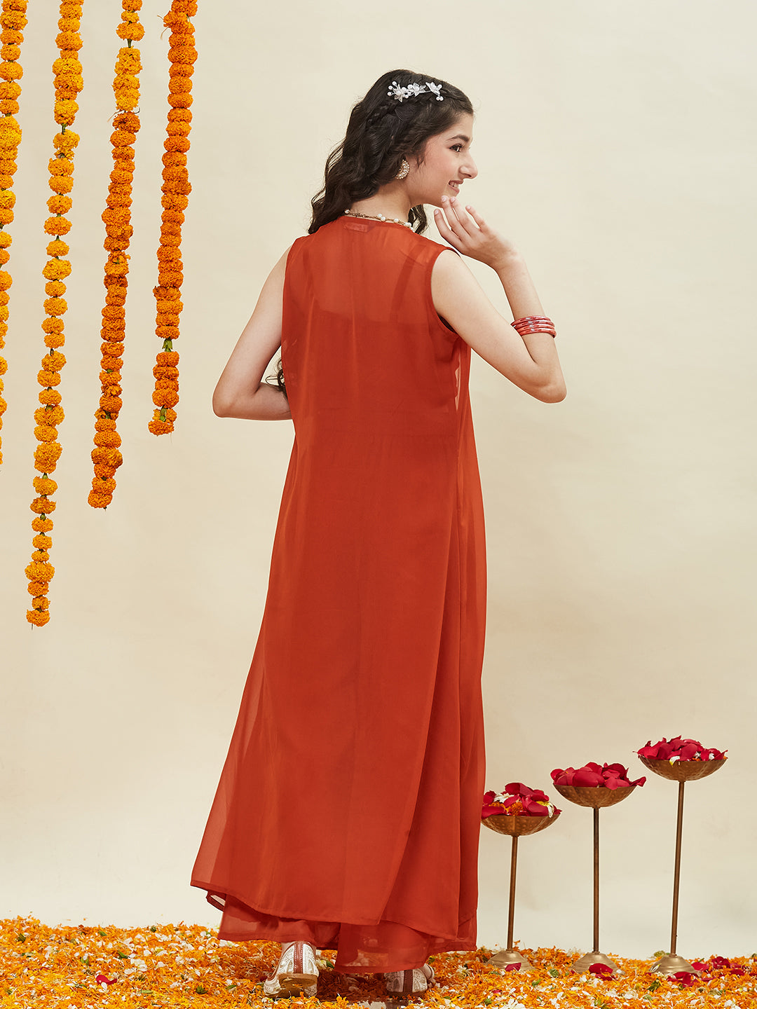 Orange Embroidered Georgette Top, Plazoo Shurg Set for girls