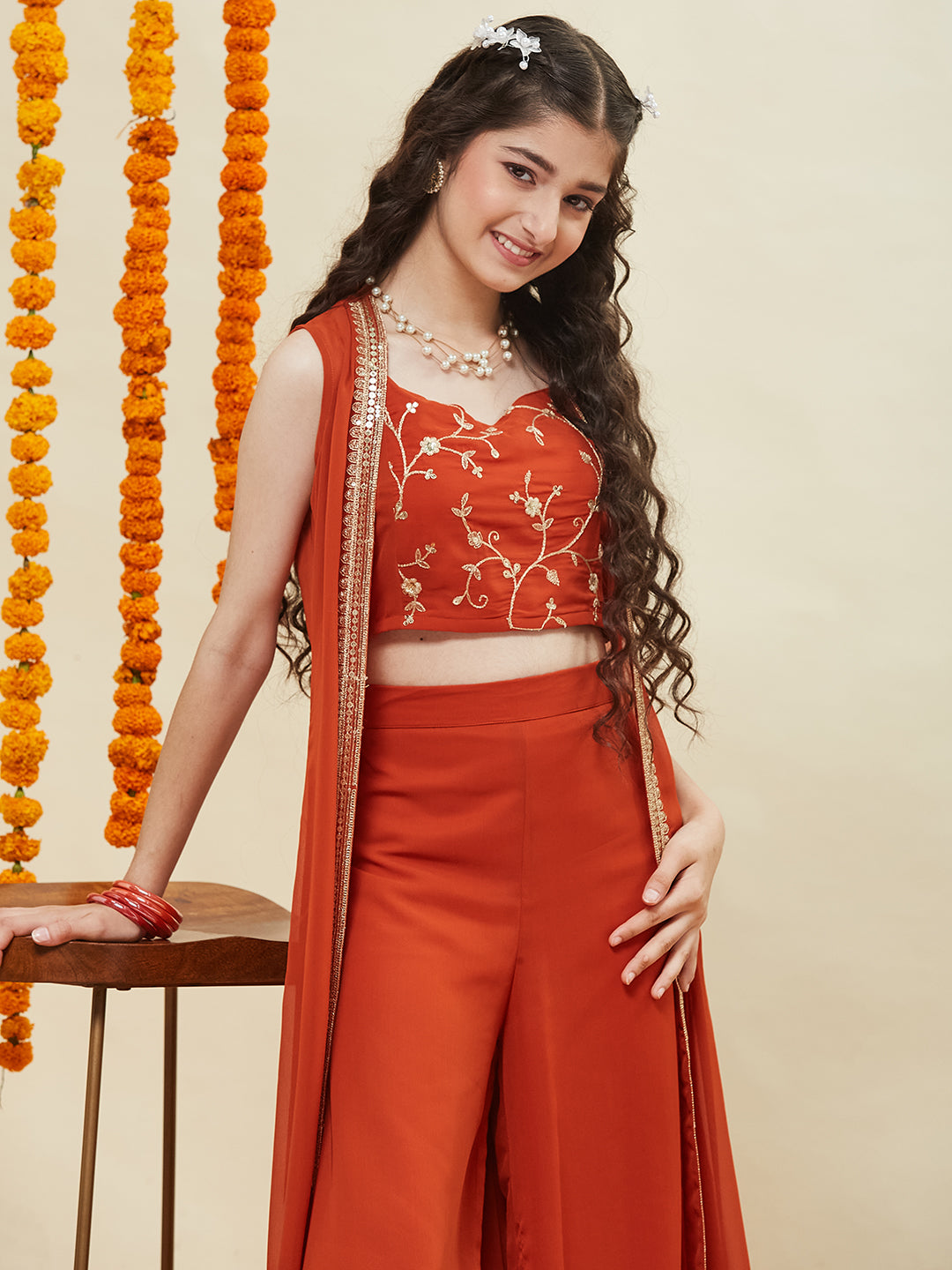 Orange Embroidered Georgette Top, Plazoo Shurg Set for girls