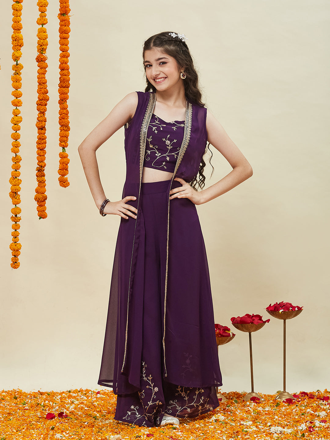 Wine Embroidered Georgette Top, Plazoo Shurg Set for girls