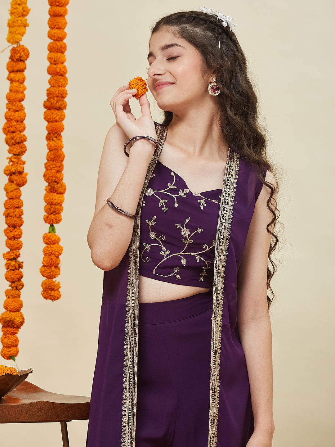 Wine Embroidered Georgette Top, Plazoo Shurg Set for girls