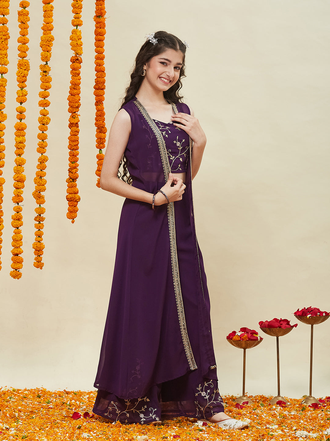 Wine Embroidered Georgette Top, Plazoo Shurg Set for girls