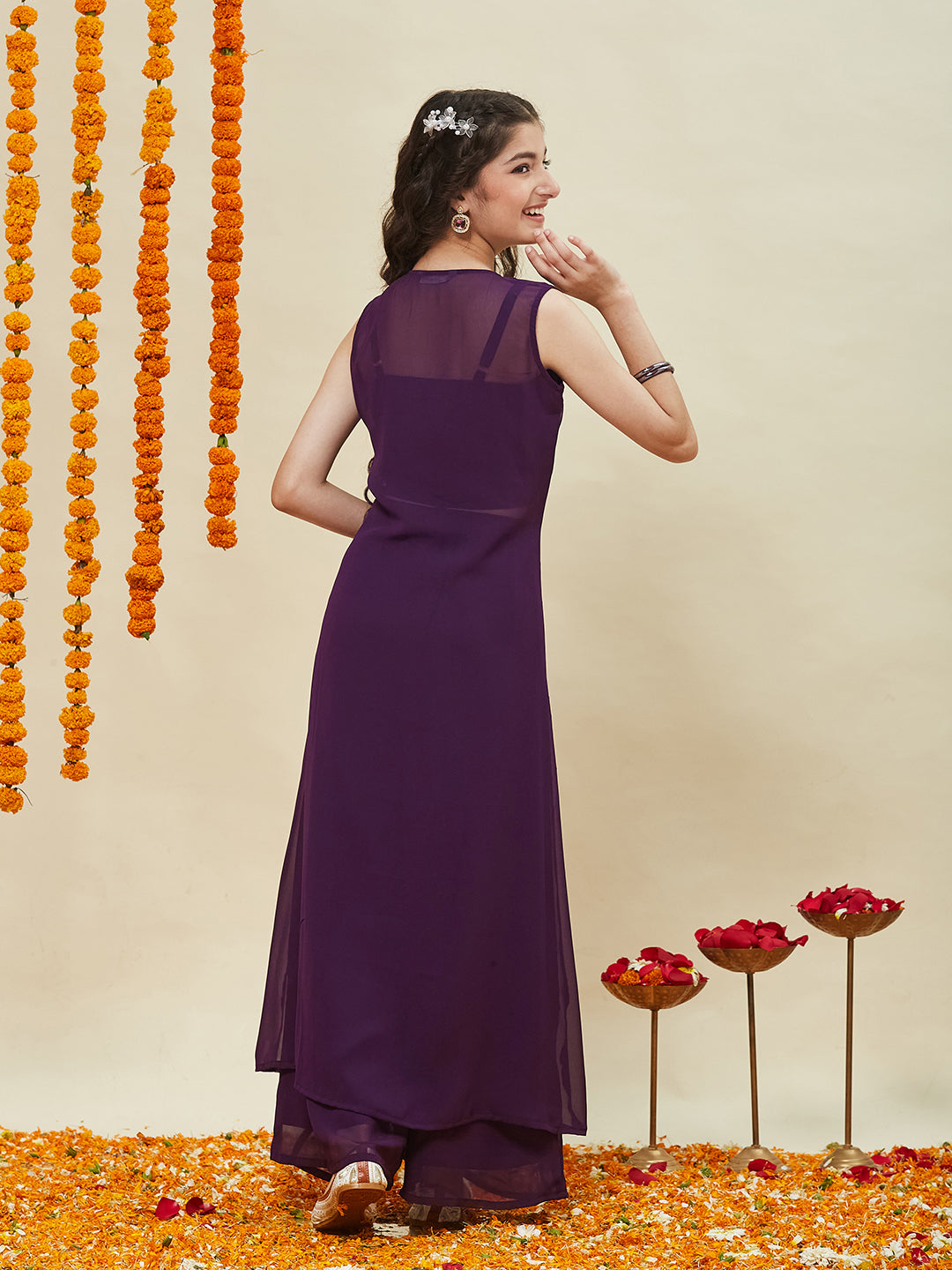 Wine Embroidered Georgette Top, Plazoo Shurg Set for girls