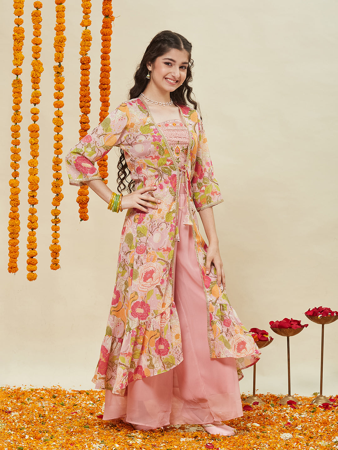 Pink Embroidered Georgette Top, Plazoo Shurg Set for girls