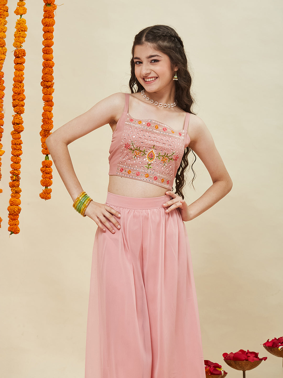 Pink Embroidered Georgette Top, Plazoo Shurg Set for girls