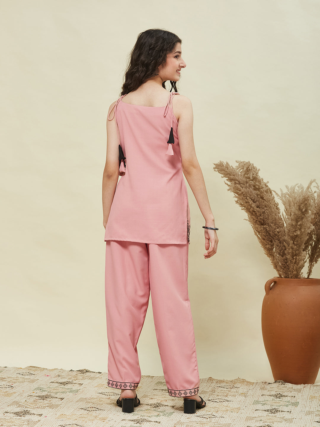 Baby Pink Viscose Blend Embroidered Top & Pant set for Girls
