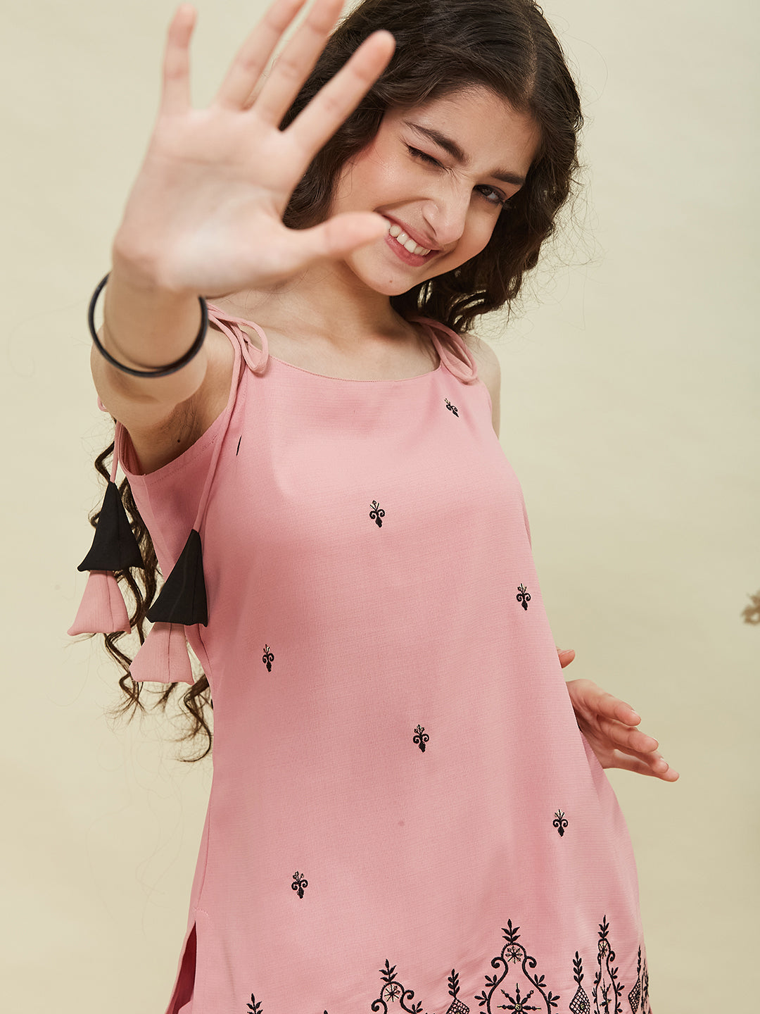 Baby Pink Viscose Blend Embroidered Top & Pant set for Girls