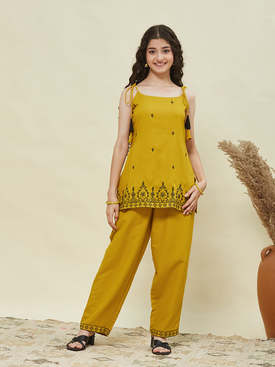 Yellow Viscose Blend Embroidered Top & Pant set for Girls