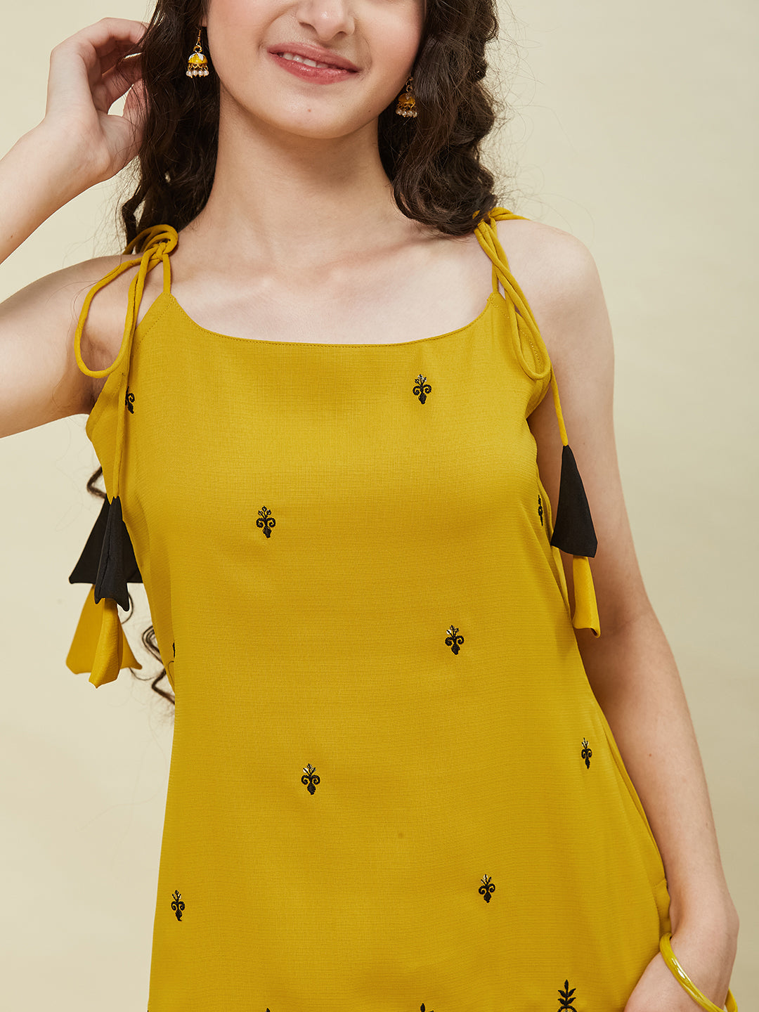 Yellow Viscose Blend Embroidered Top & Pant set for Girls