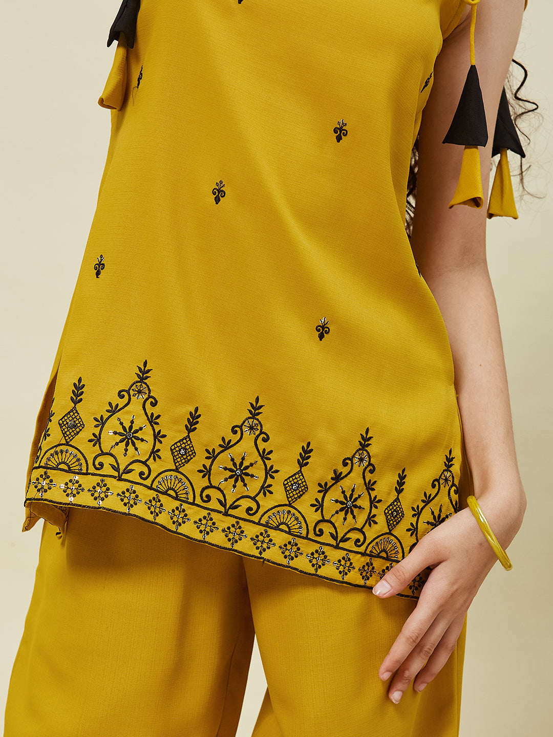 Yellow Viscose Blend Embroidered Top & Pant set for Girls