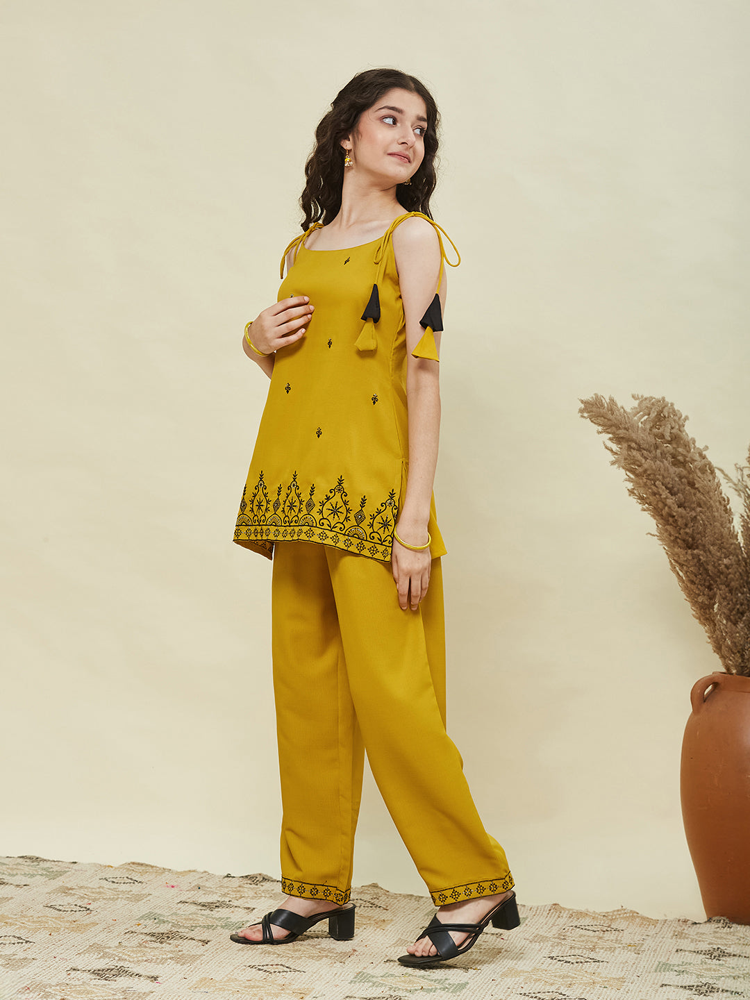 Yellow Viscose Blend Embroidered Top & Pant set for Girls