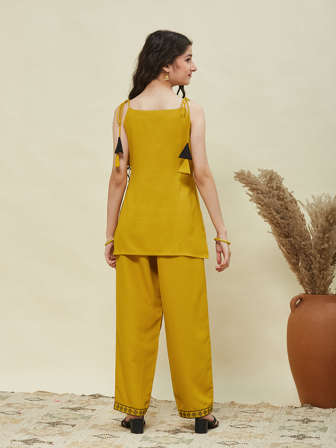 Yellow Viscose Blend Embroidered Top & Pant set for Girls