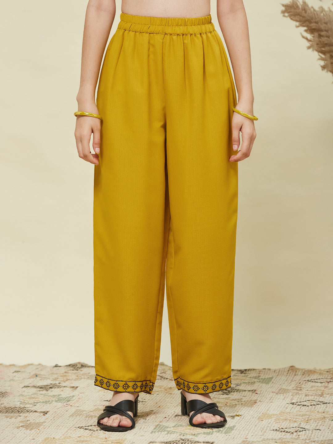 Yellow Viscose Blend Embroidered Top & Pant set for Girls
