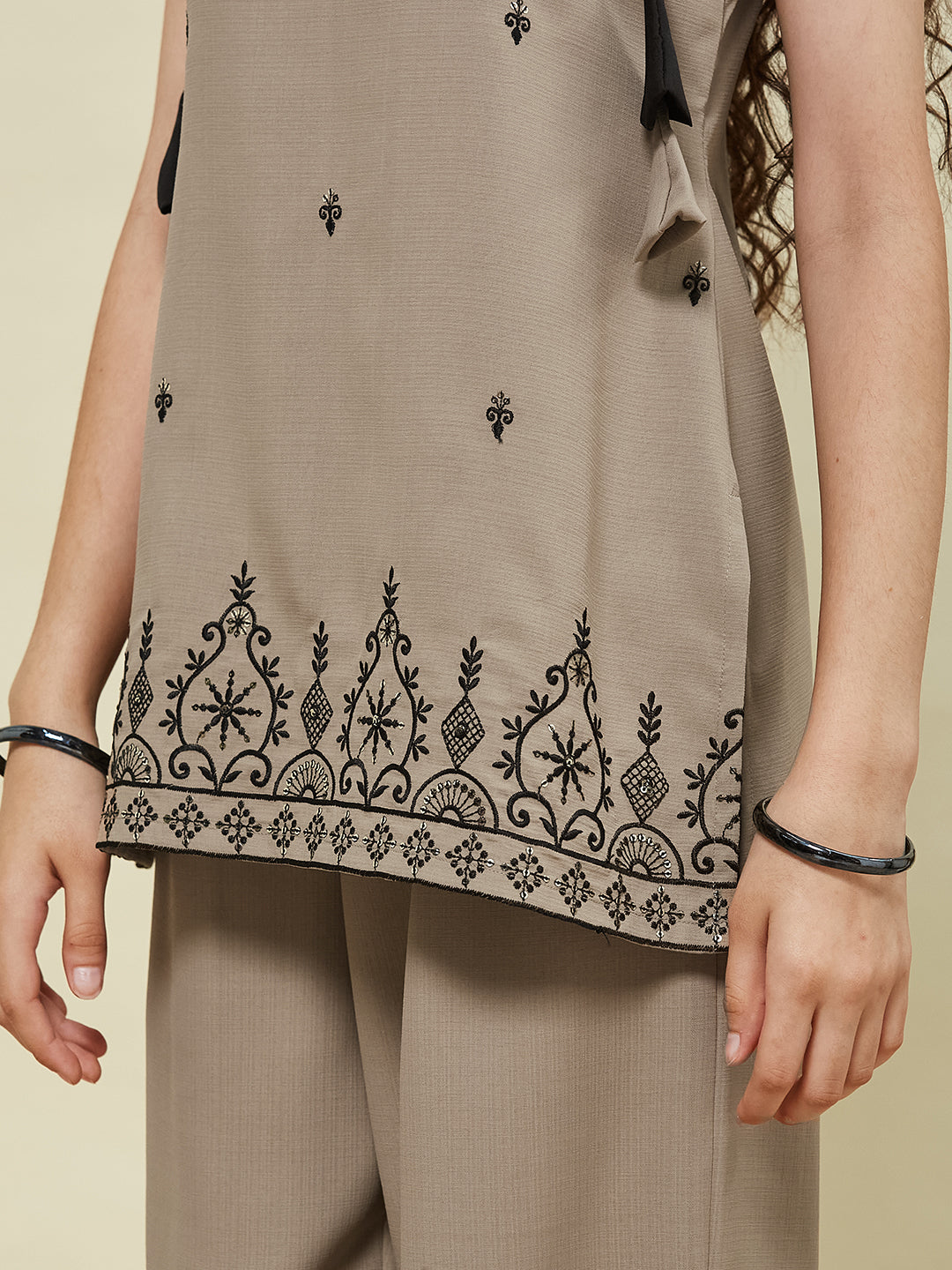 Beige Viscose Blend Embroidered Top & Pant set for Girls