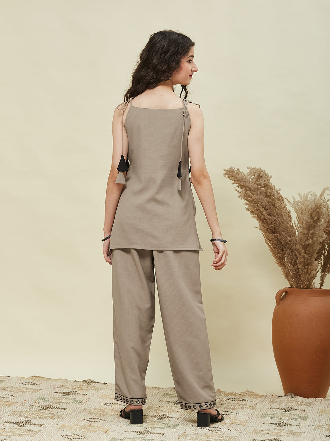 Beige Viscose Blend Embroidered Top & Pant set for Girls