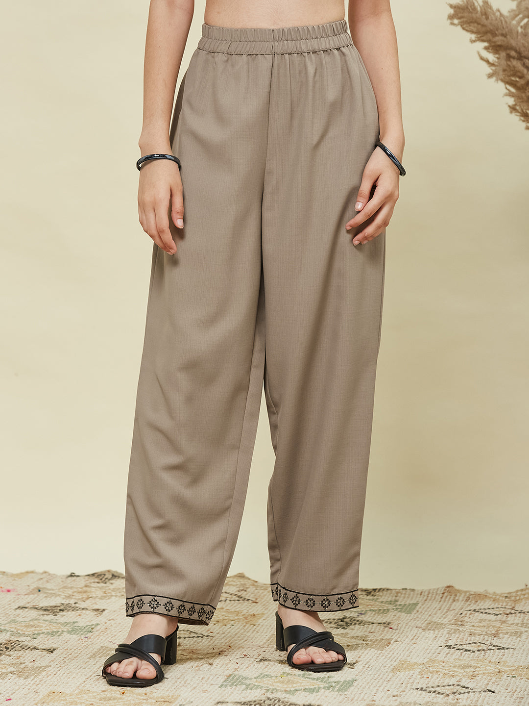 Beige Viscose Blend Embroidered Top & Pant set for Girls